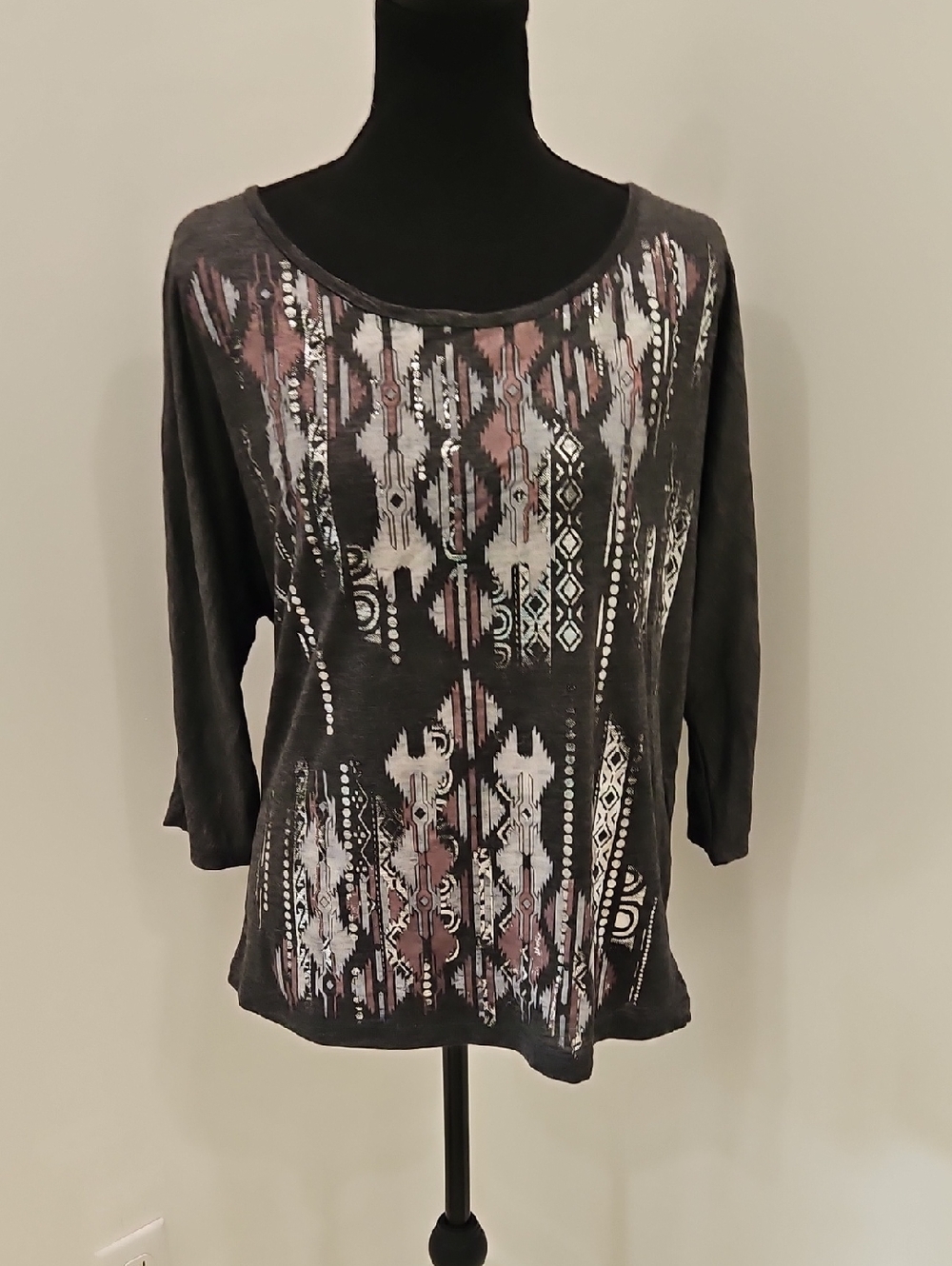 Always Women's Dark Gray Aztec Tribal  Print Scoop Neck Top. Size M
